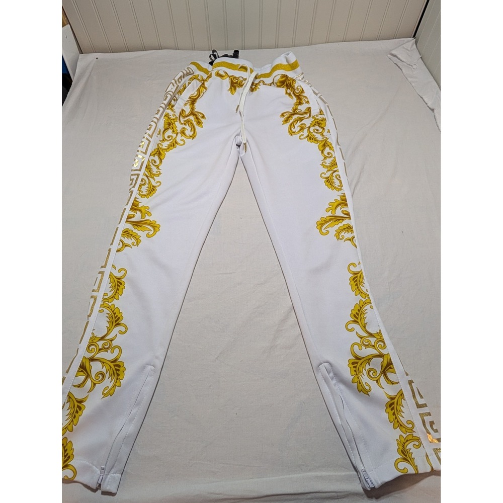 Victorious Los Angeles Mens White Gold Baroque Greek Key Track Pants TR536 S